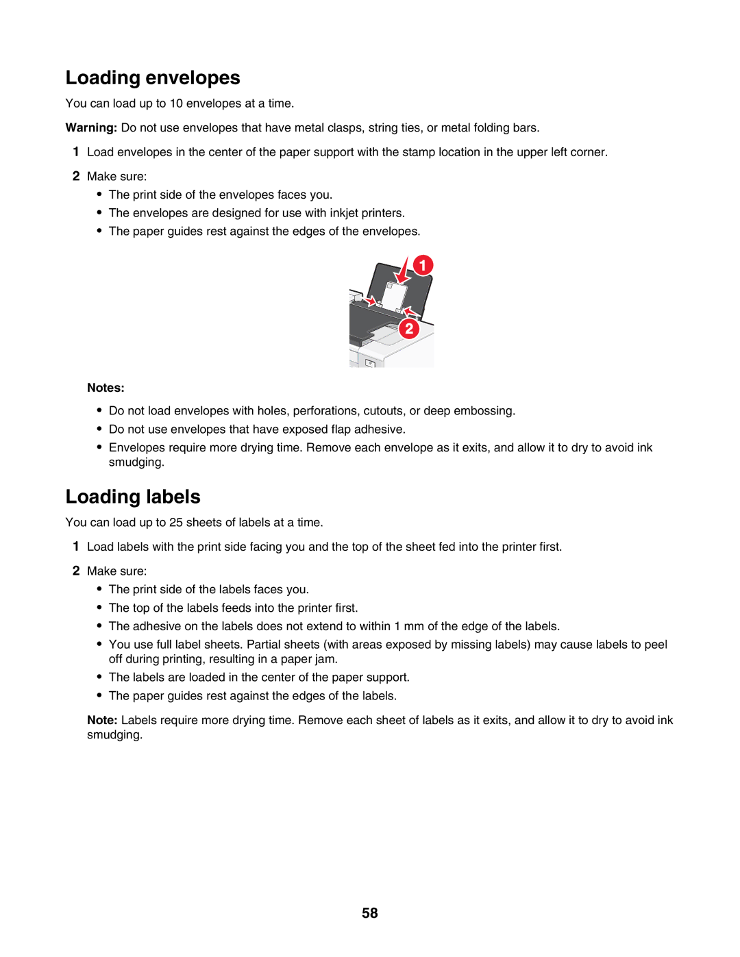 Lexmark 7500 Series manual Loading envelopes, Loading labels 