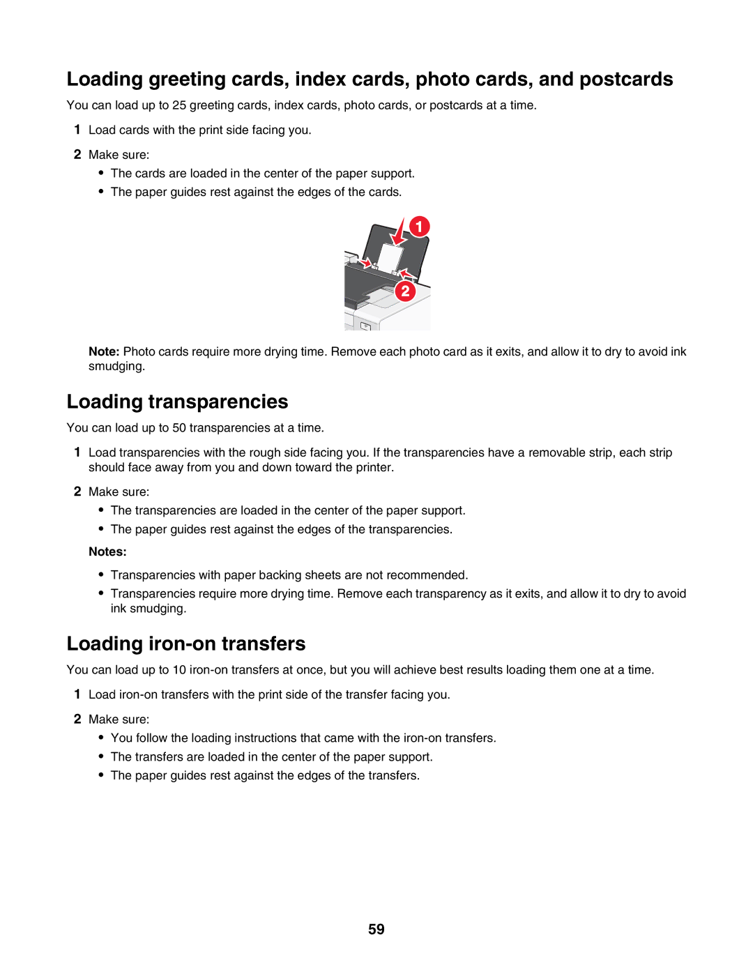 Lexmark 7500 Series manual Loading transparencies, Loading iron-on transfers 