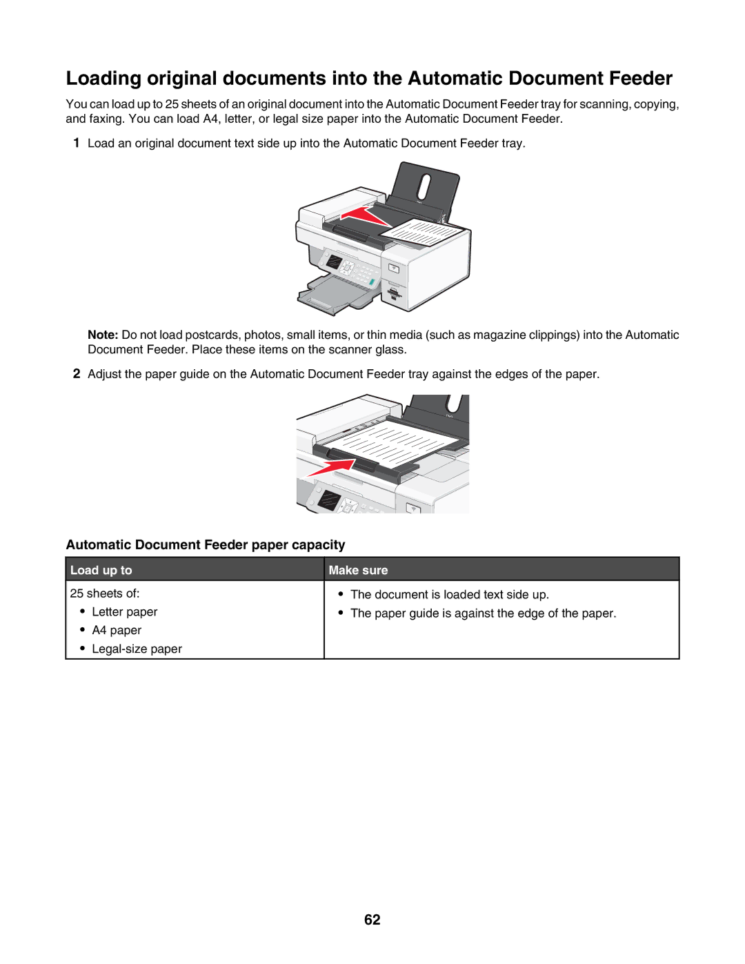 Lexmark 7500 Series manual Automatic Document Feeder paper capacity, Load up to Make sure 