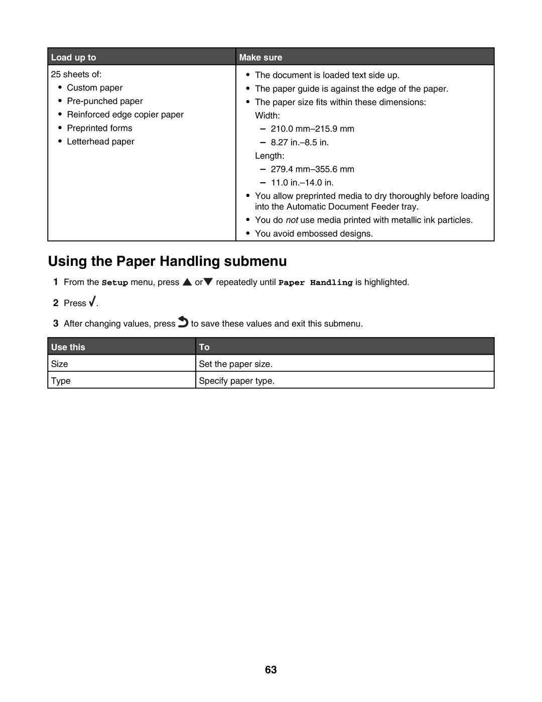 Lexmark 7500 Series manual Using the Paper Handling submenu, Use this 