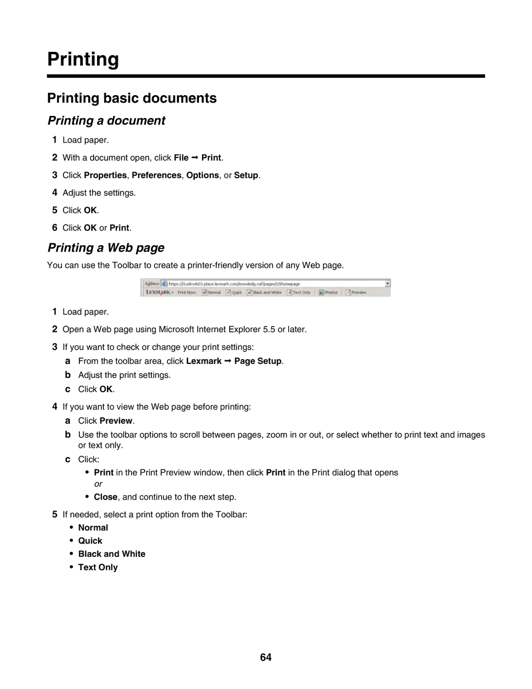 Lexmark 7500 Series manual Printing basic documents, Printing a document, Printing a Web 