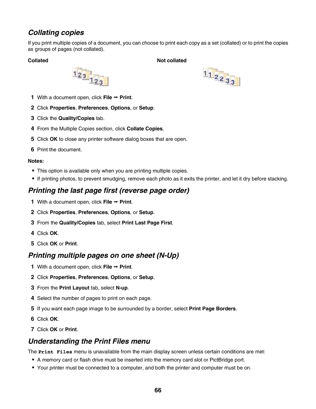 Lexmark 7500 Series Collating copies, Printing the last page first reverse page order, Understanding the Print Files menu 