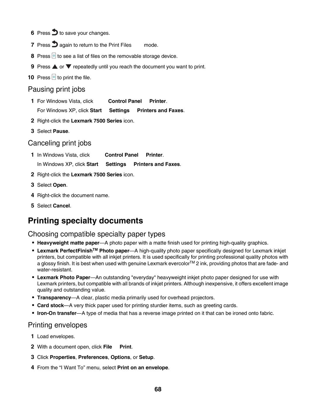 Lexmark 7500 Series manual Printing specialty documents, Pausing print jobs, Canceling print jobs, Printing envelopes 