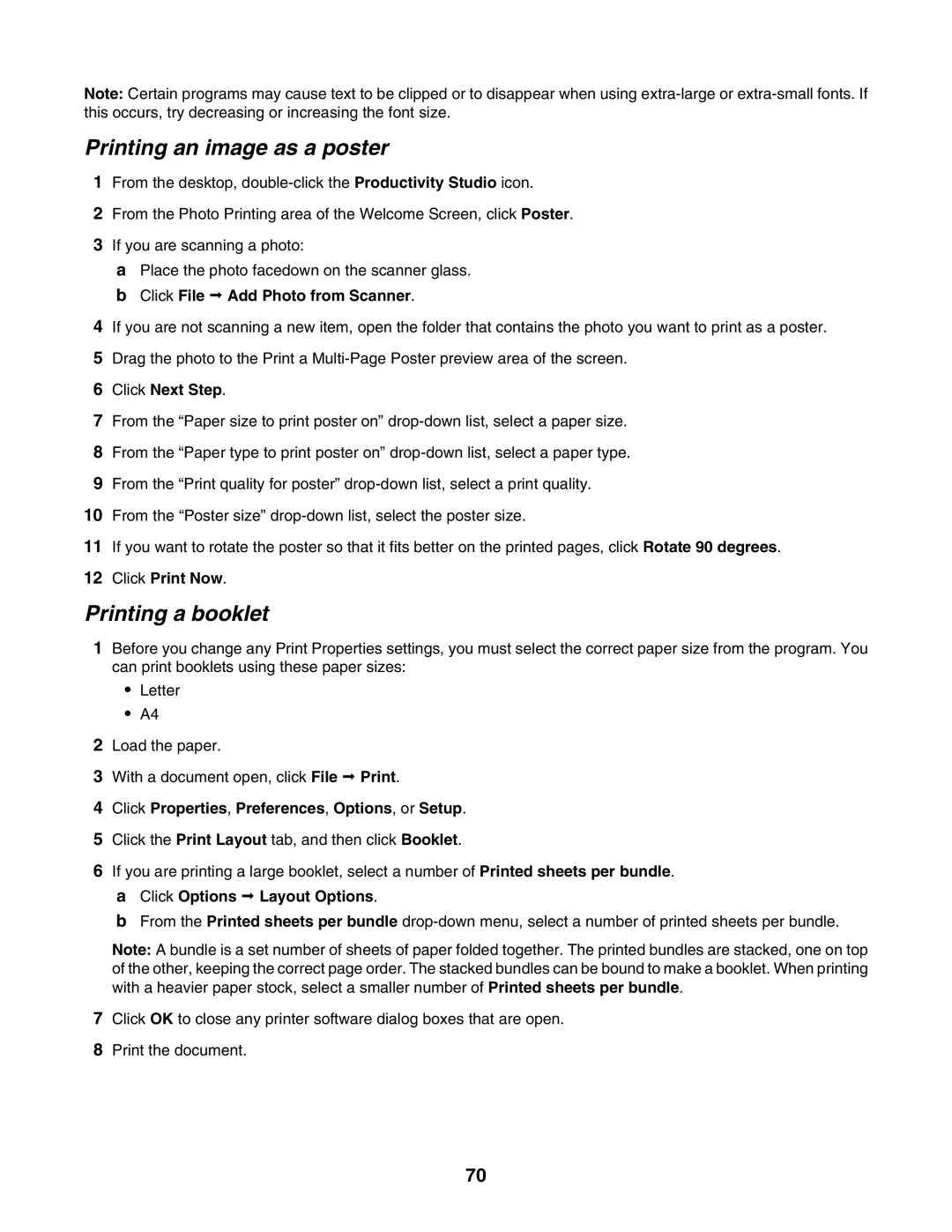 Lexmark 7500 Series manual Printing an image as a poster, Printing a booklet, Click File Œ Add Photo from Scanner 