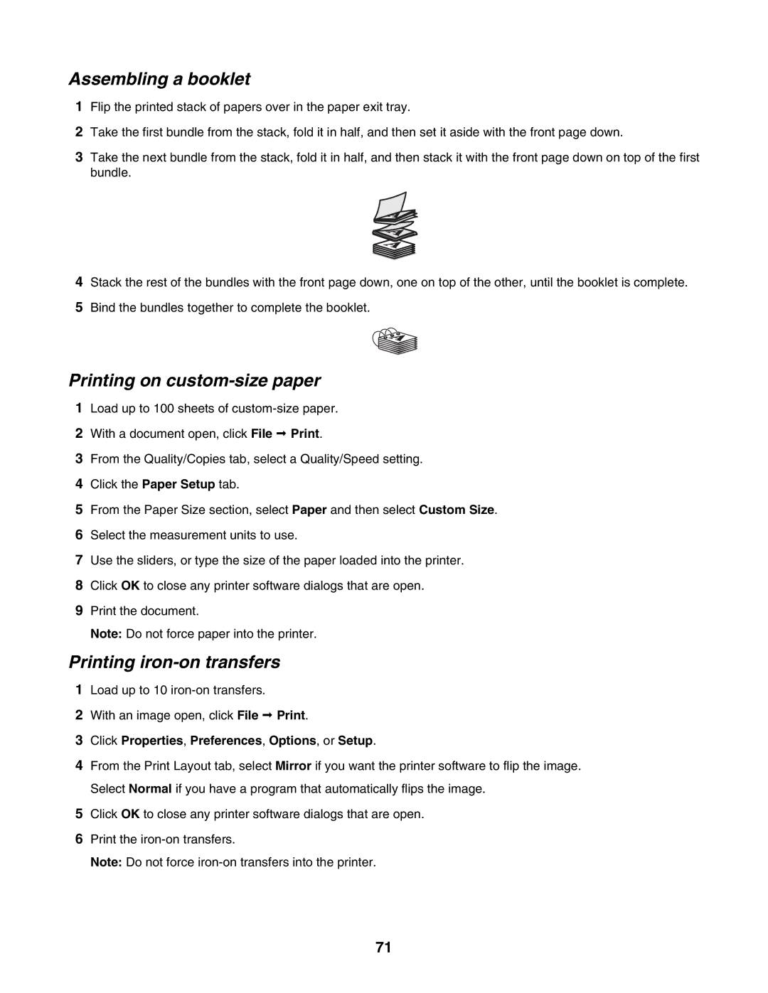 Lexmark 7500 Series manual Assembling a booklet, Printing on custom-size paper, Printing iron-on transfers 