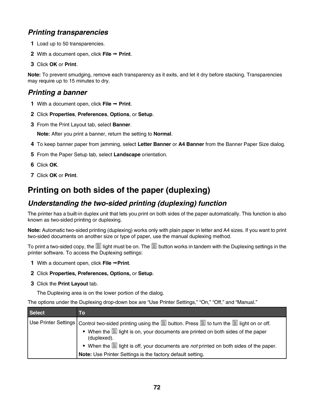 Lexmark 7500 Series Printing on both sides of the paper duplexing, Printing transparencies, Printing a banner, Select 