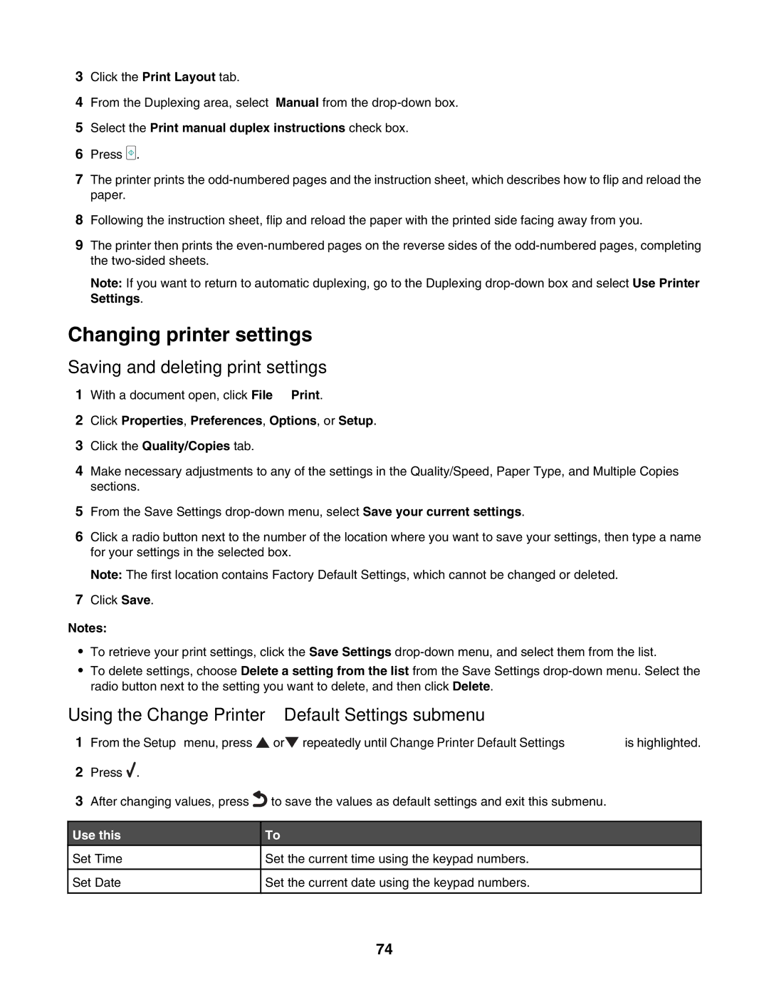 Lexmark 7500 Series manual Changing printer settings, Saving and deleting print settings 