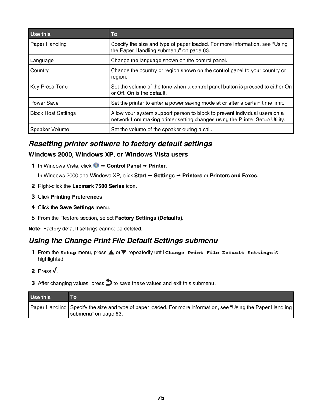 Lexmark 7500 Series manual Resetting printer software to factory default settings, Click Printing Preferences 