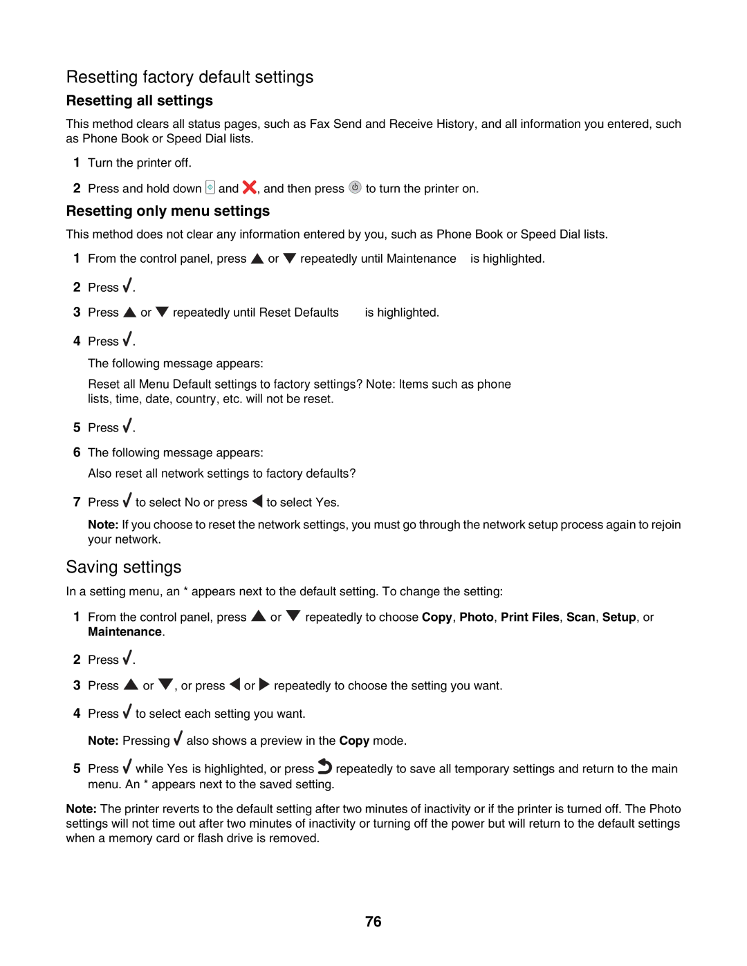 Lexmark 7500 Series manual Resetting factory default settings, Saving settings, Resetting all settings 