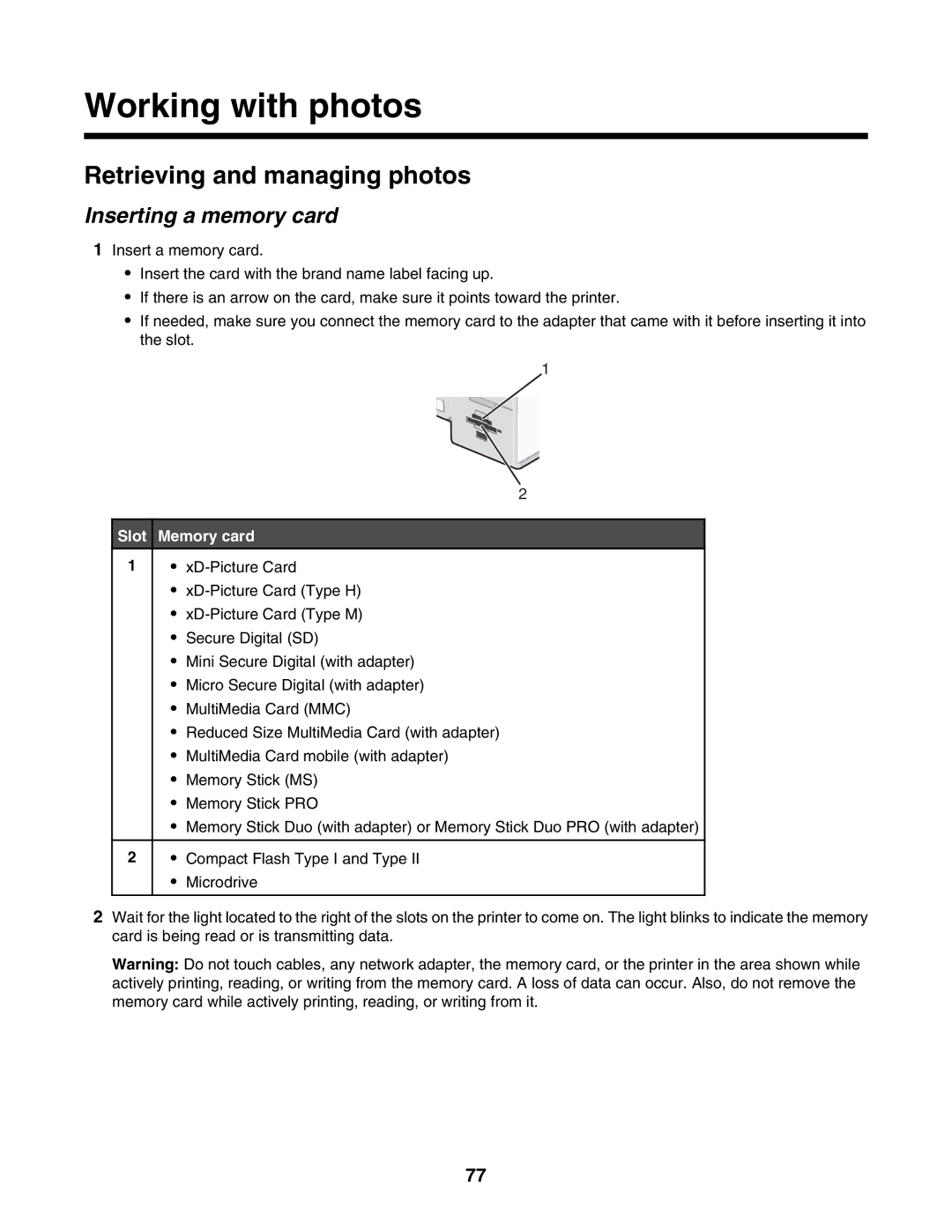 Lexmark 7500 Series manual Working with photos, Retrieving and managing photos, Inserting a memory card, Slot Memory card 