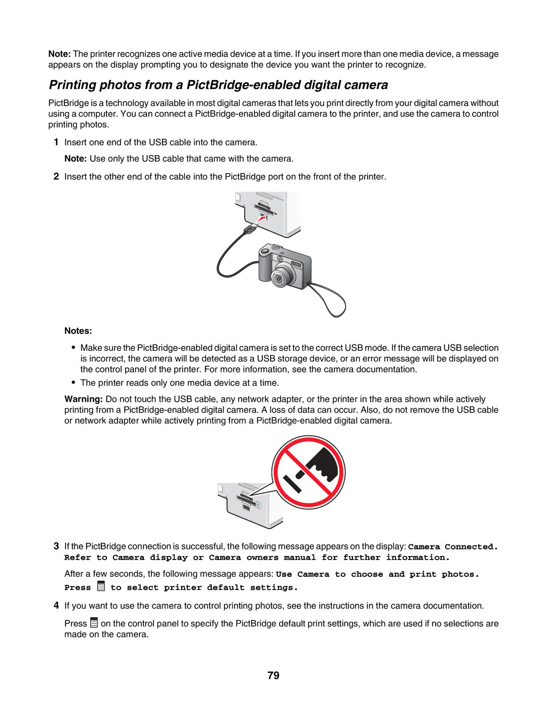 Lexmark 7500 Series Printing photos from a PictBridge-enabled digital camera, Press To select printer default settings 