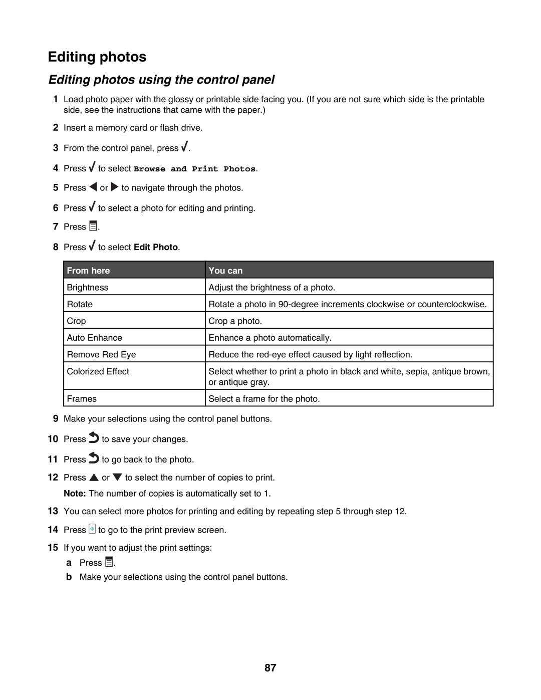 Lexmark 7500 Series manual Editing photos using the control panel 