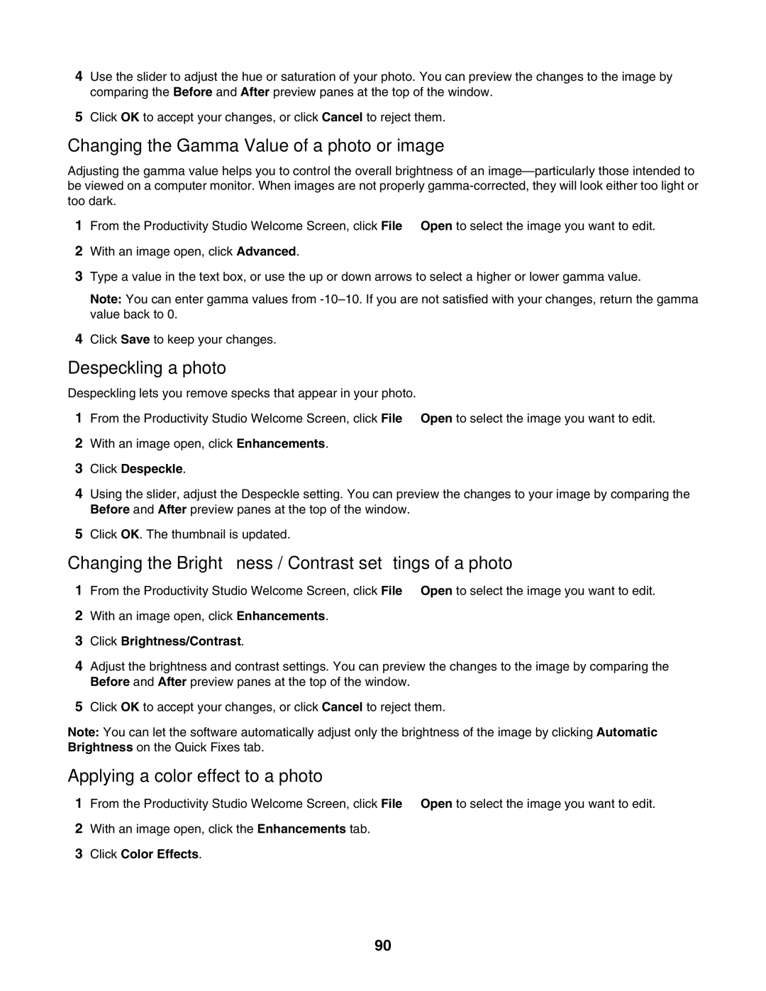 Lexmark 7500 Series Changing the Gamma Value of a photo or image, Despeckling a photo, Applying a color effect to a photo 