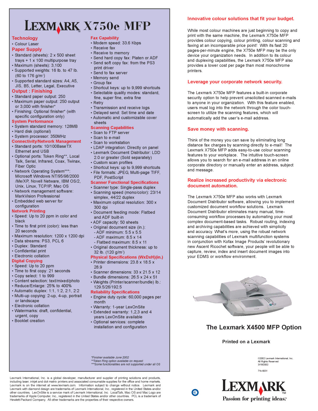 Lexmark 750e MFP manual Innovative colour solutions that fit your budget, Technology, Paper Supply, Output Finishing 