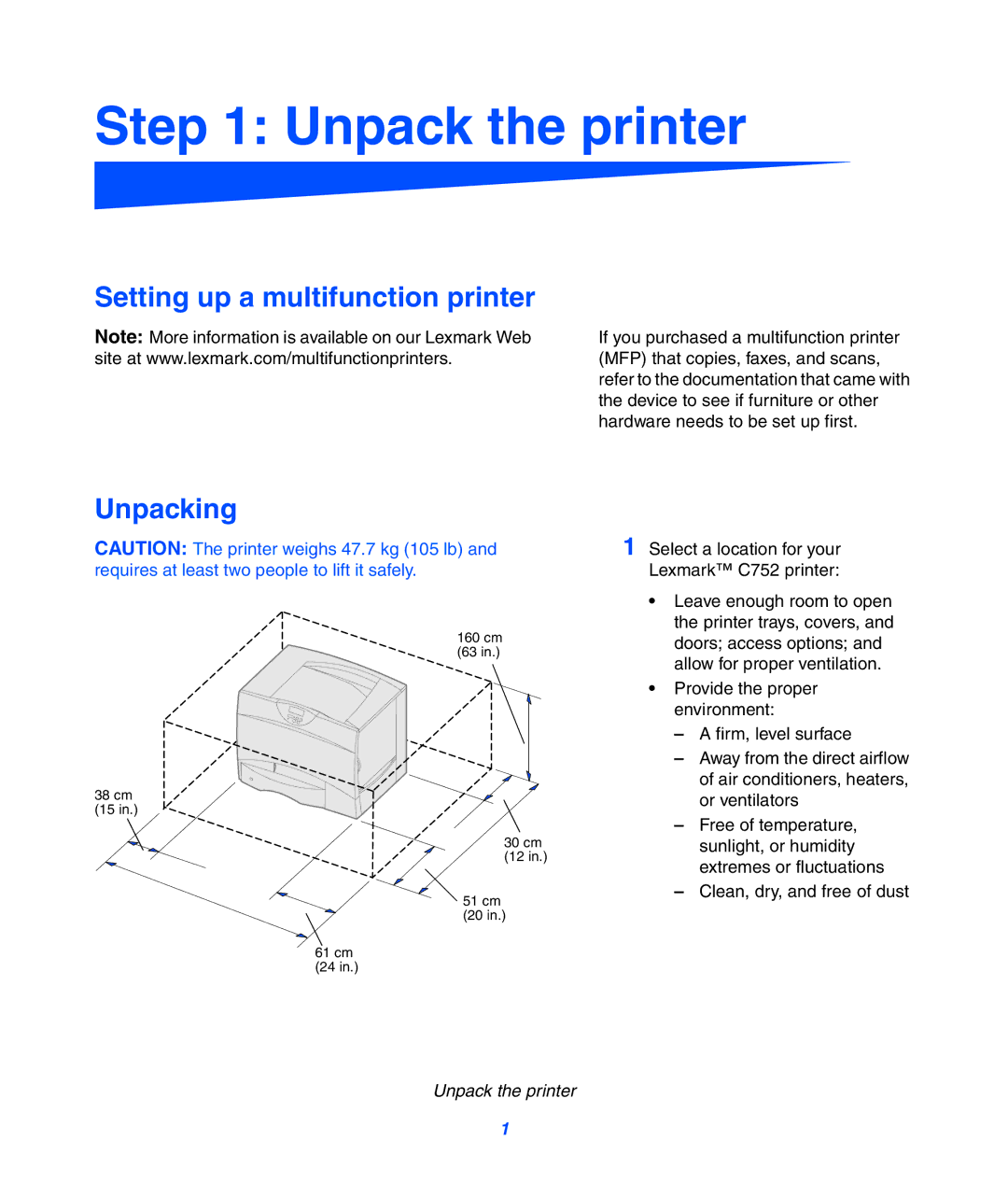 Lexmark 752 setup guide Unpack the printer, Setting up a multifunction printer, Unpacking 