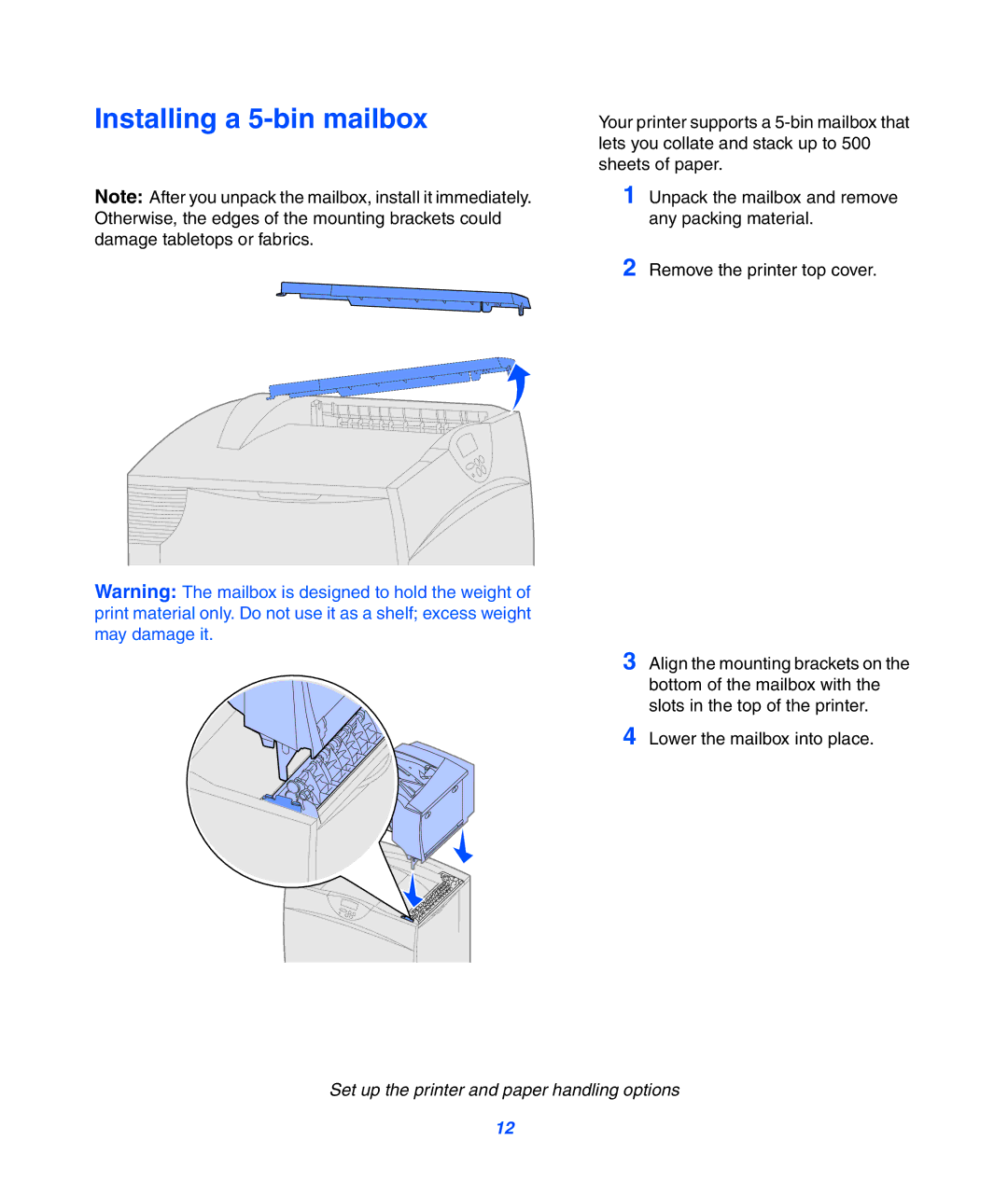 Lexmark 752 setup guide Installing a 5-bin mailbox 