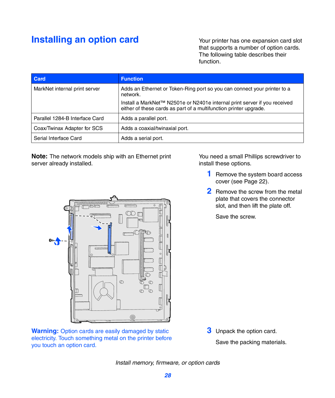 Lexmark 752 setup guide Installing an option card, Card Function 