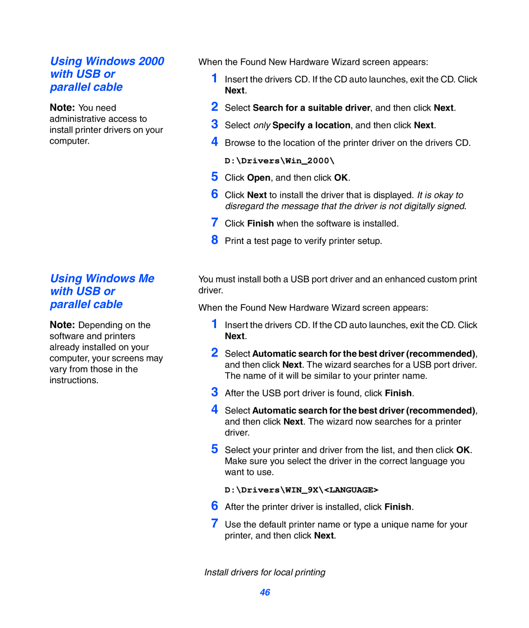 Lexmark 752 setup guide With USB or, Parallel cable, Using Windows Me 