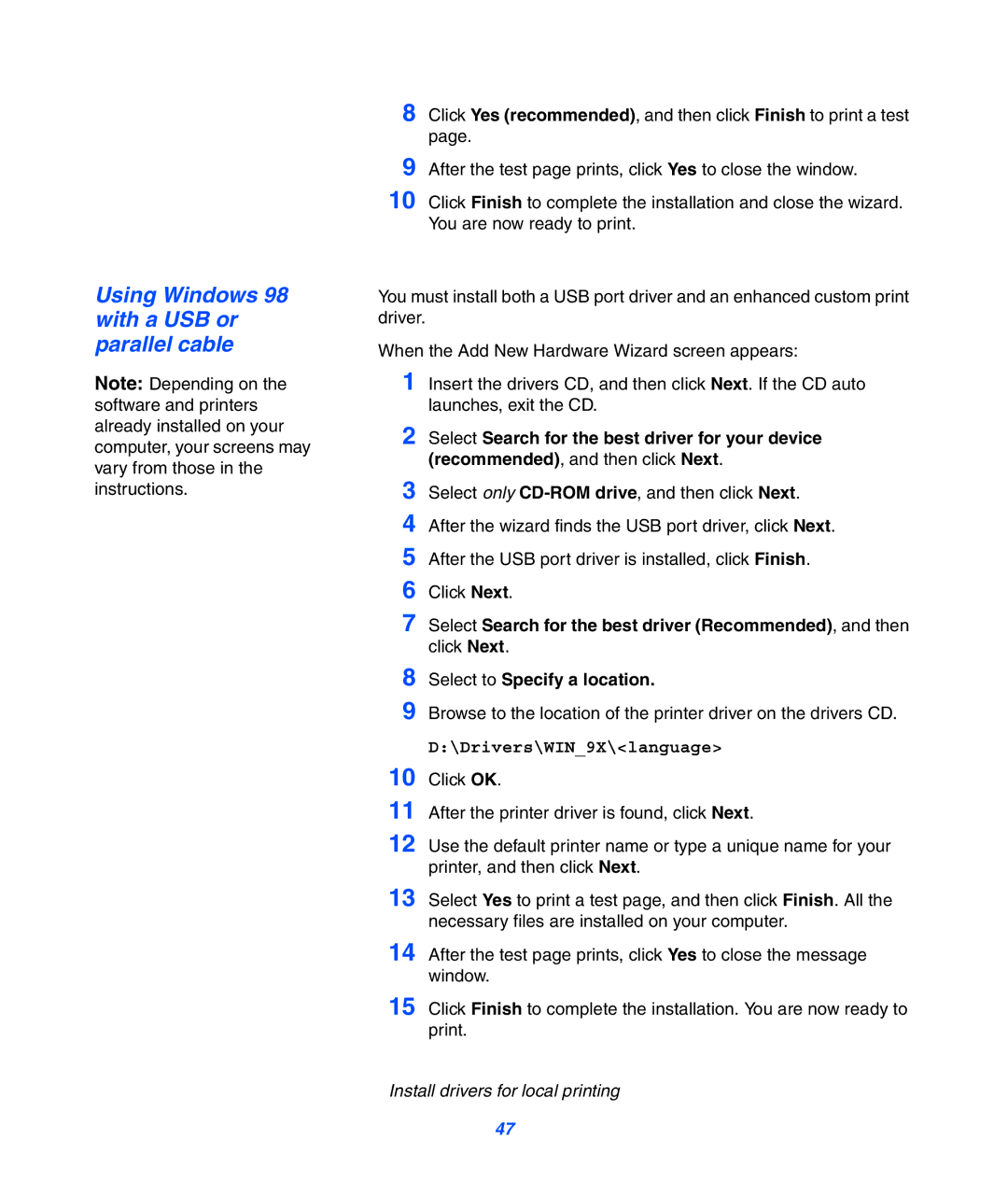 Lexmark 752 setup guide Using Windows 98 with a USB or parallel cable 