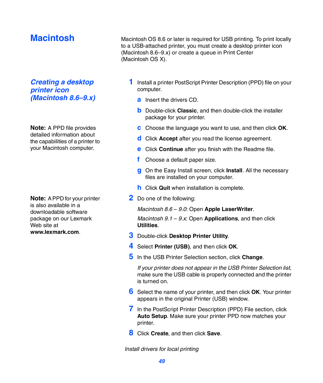 Lexmark 752 setup guide Creating a desktop printer icon Macintosh 