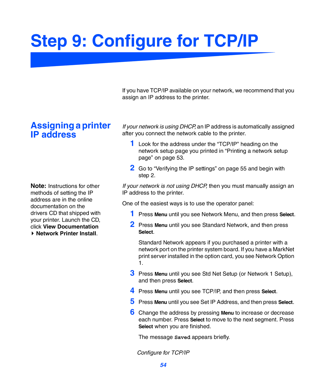 Lexmark 752 setup guide Configure for TCP/IP, Assigning a printer IP address 