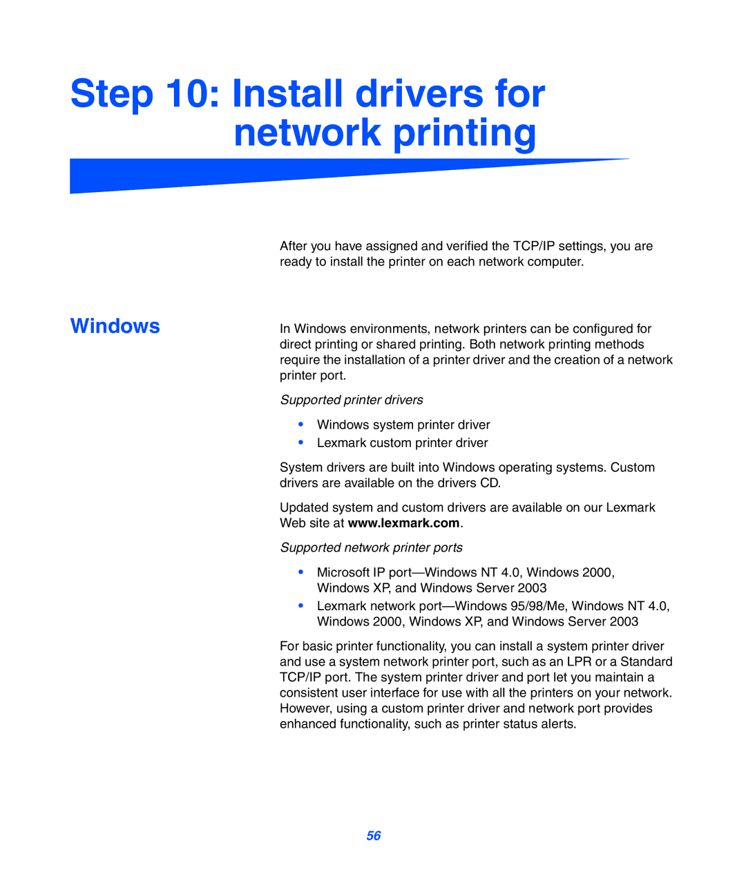 Lexmark 752 setup guide Install drivers for network printing, Supported printer drivers 