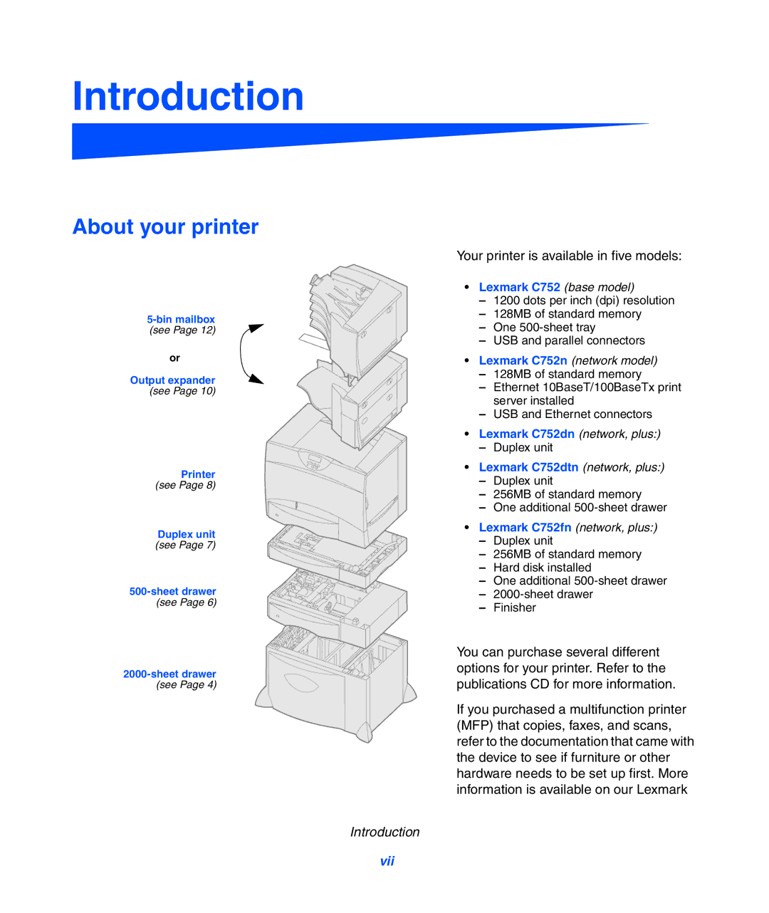 Lexmark 752 setup guide Introduction, About your printer 