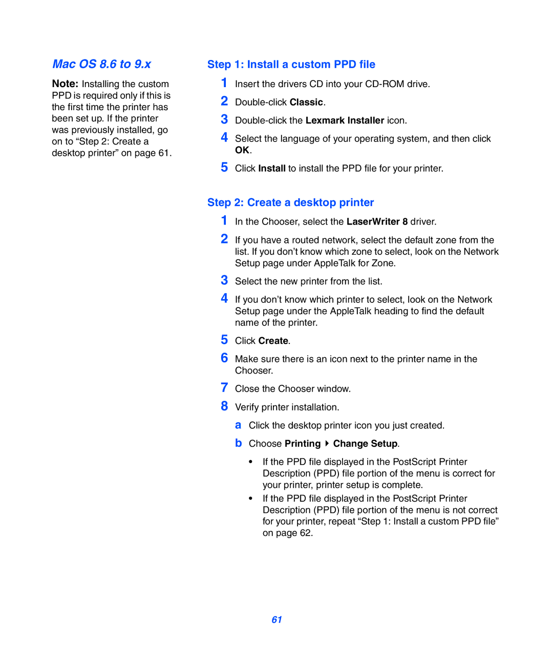 Lexmark 752 setup guide Mac OS 8.6 to, Install a custom PPD file 