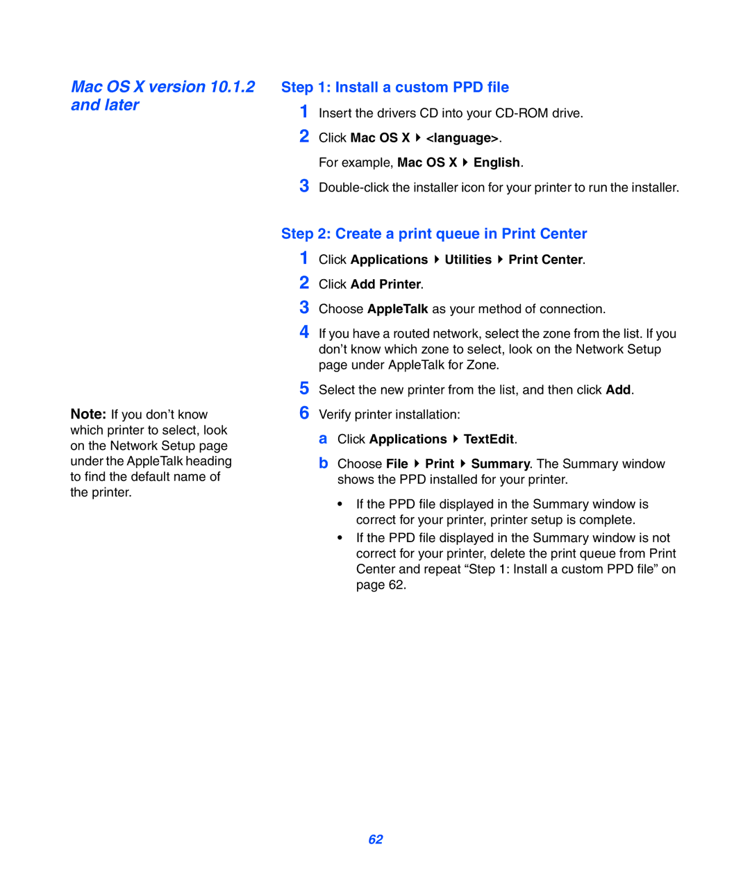 Lexmark 752 setup guide Mac OS X version 10.1.2 and later, Create a print queue in Print Center 