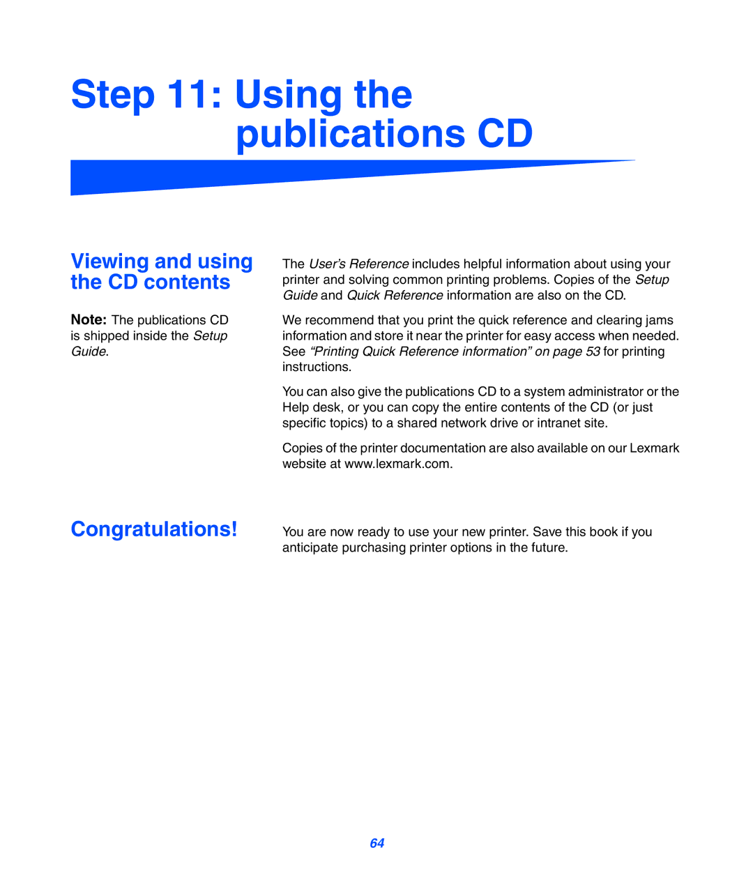 Lexmark 752 setup guide Using the publications CD, Viewing and using the CD contents Congratulations 