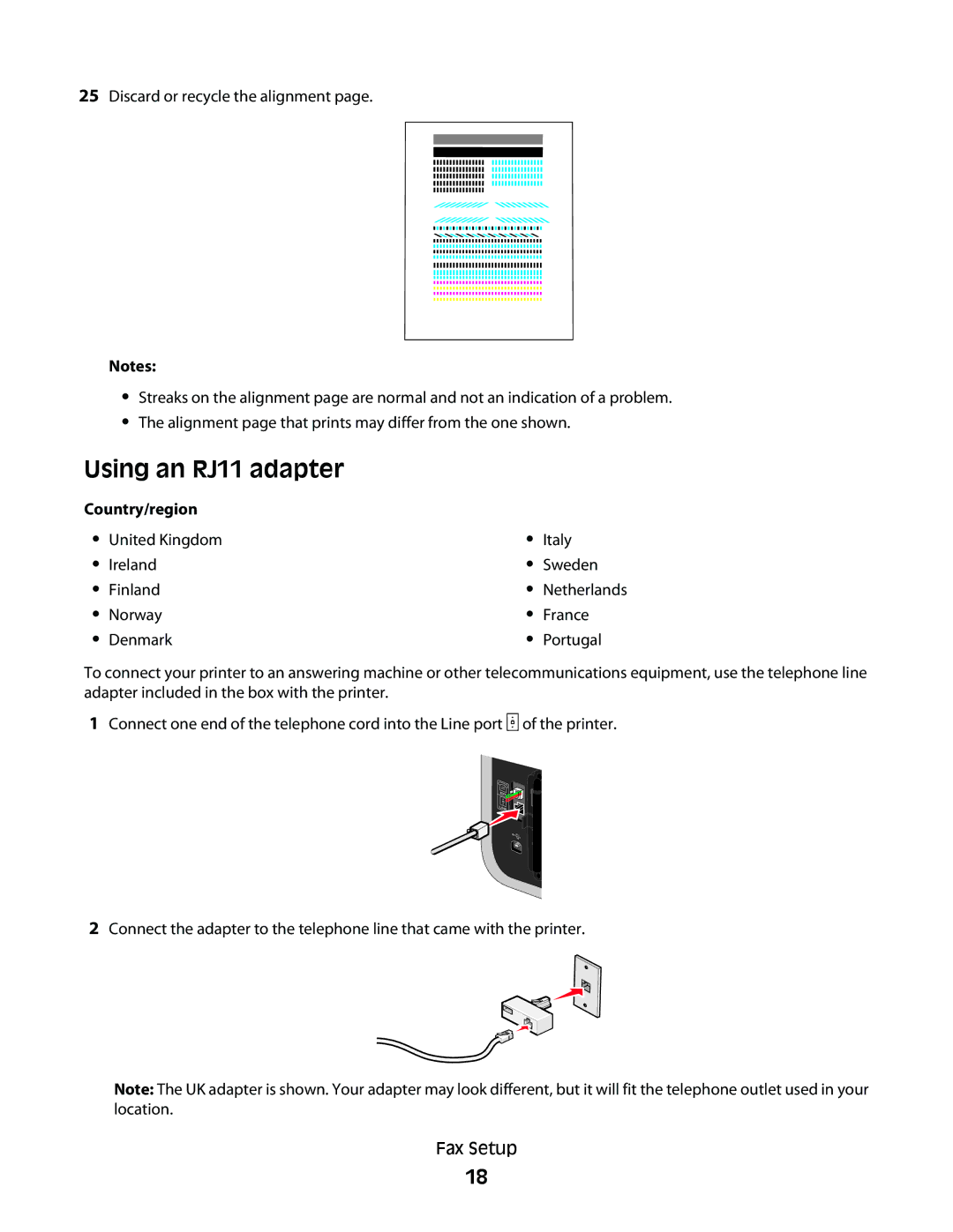 Lexmark 7600 Series manual Using an RJ11 adapter, Norway France Denmark Portugal 