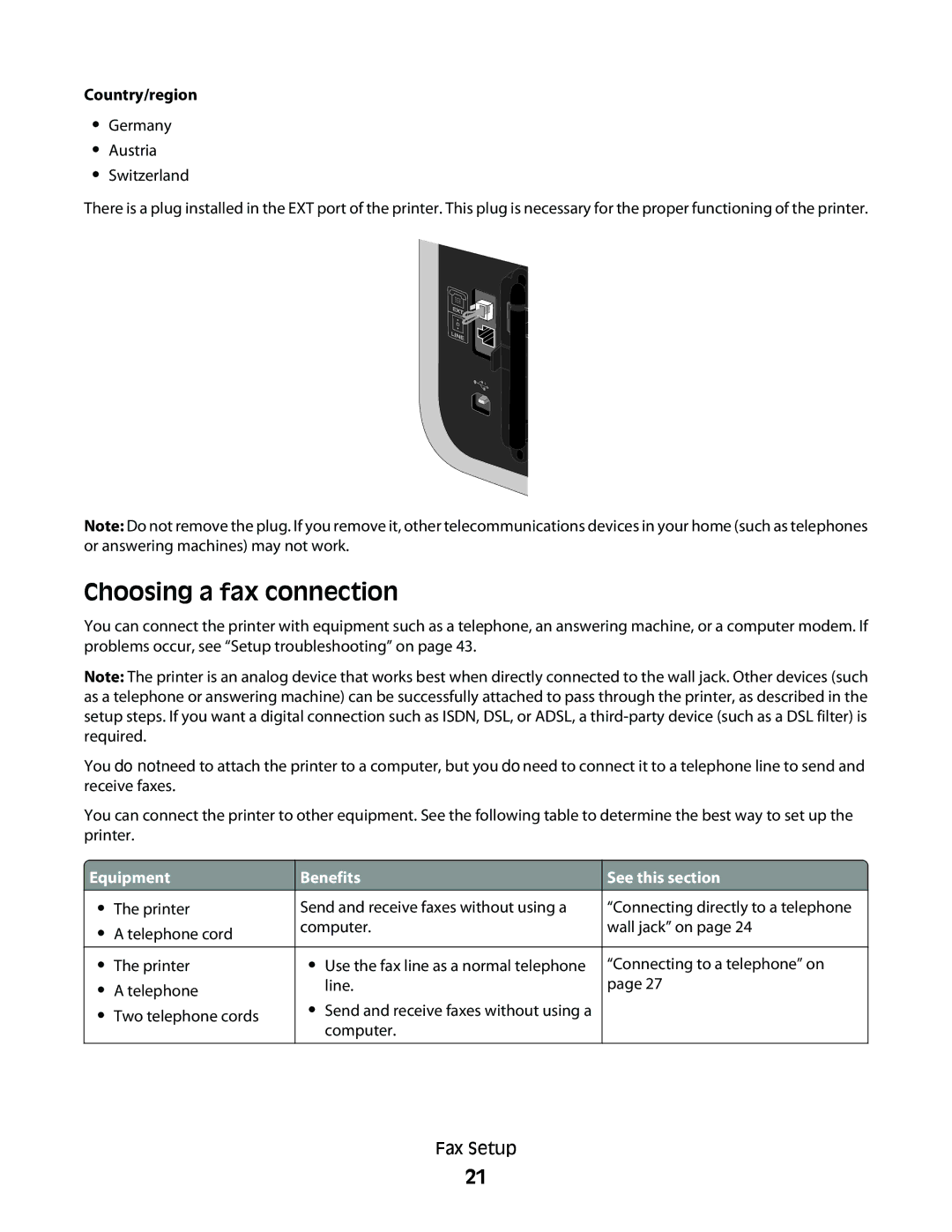 Lexmark 7600 Series manual Choosing a fax connection, Equipment, Benefits, See this section 