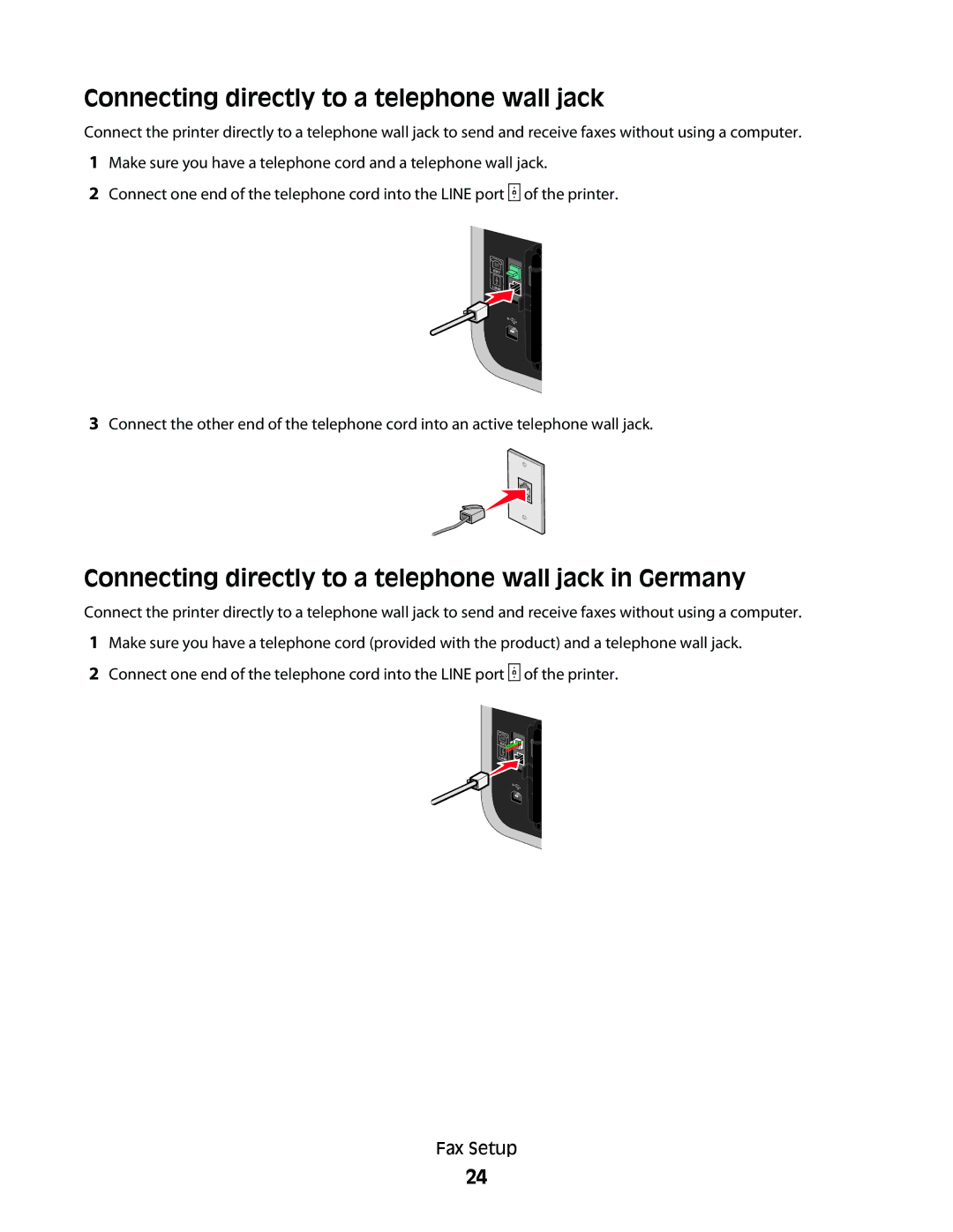 Lexmark 7600 Series manual Connecting directly to a telephone wall jack in Germany 