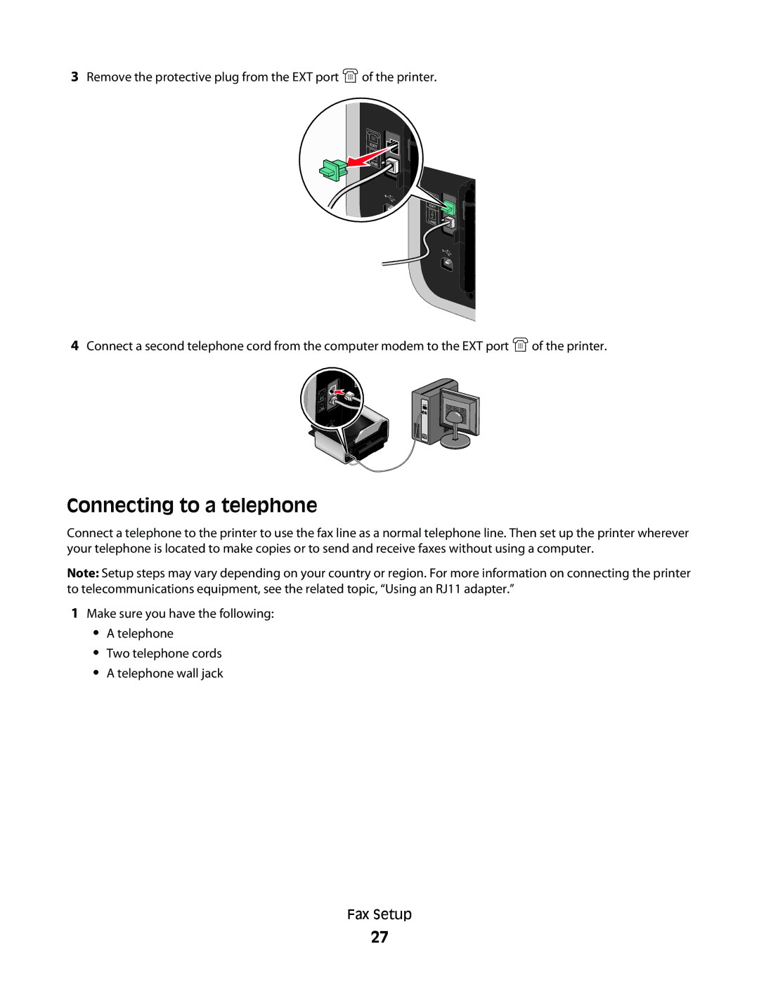 Lexmark 7600 Series manual Connecting to a telephone 