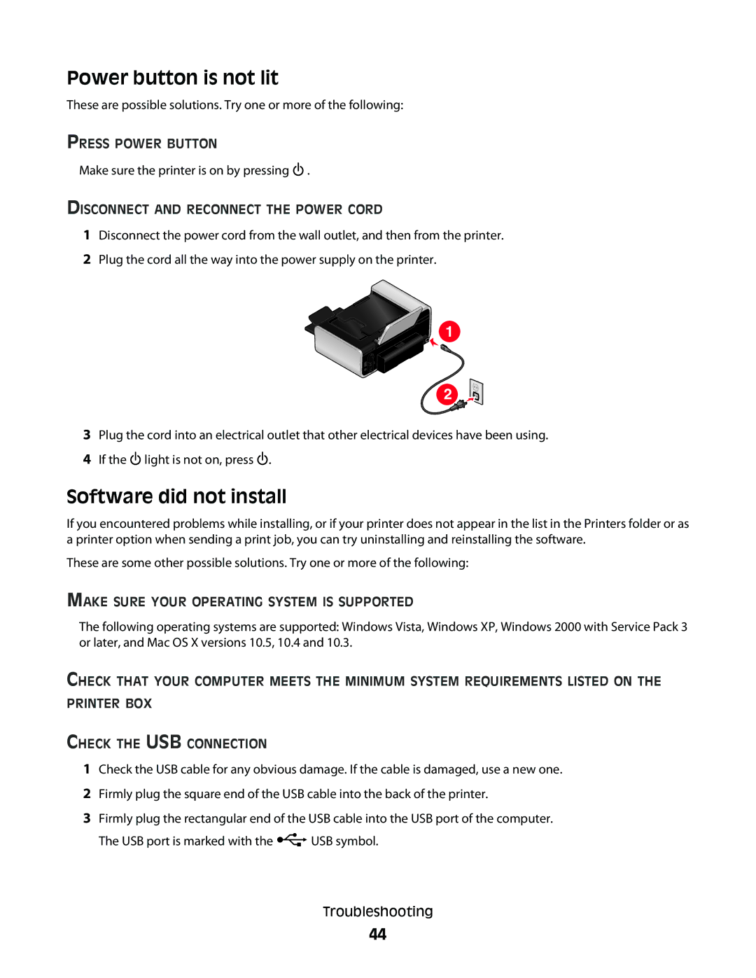 Lexmark 7600 Series manual Power button is not lit, Software did not install, Press Power Button 