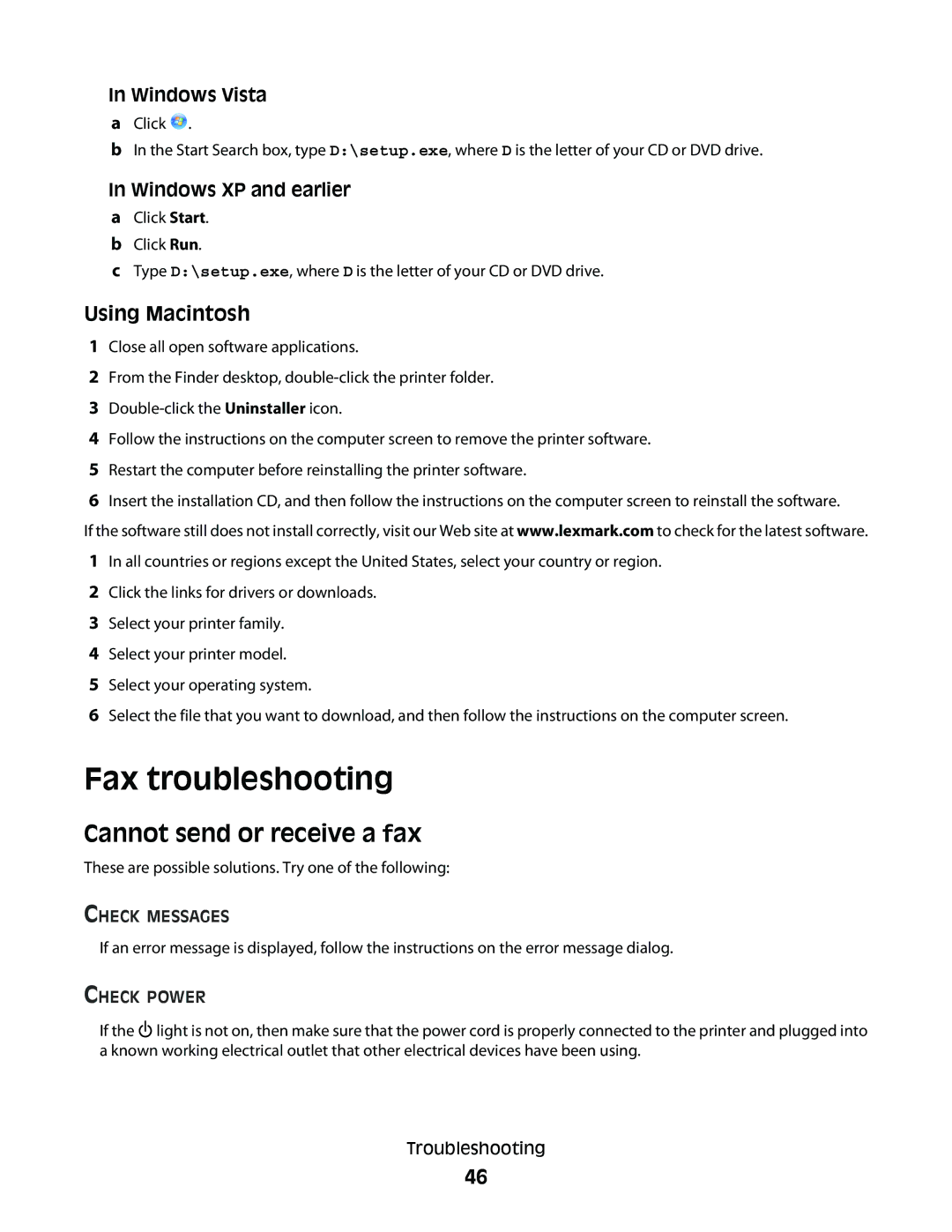 Lexmark 7600 Series manual Fax troubleshooting, Cannot send or receive a fax, Check Messages, Check Power 