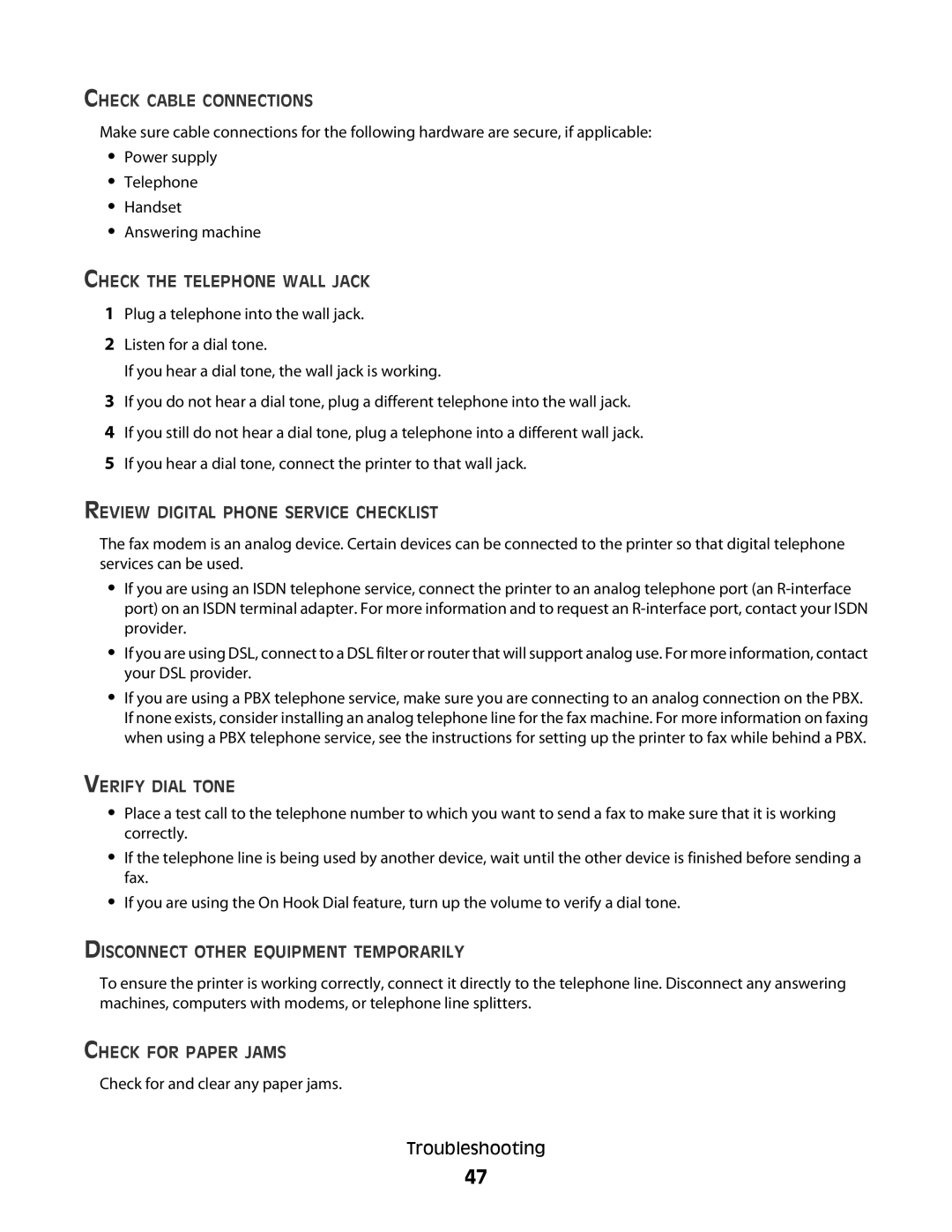 Lexmark 7600 Series manual Check Cable Connections, Check the Telephone Wall Jack, Review Digital Phone Service Checklist 