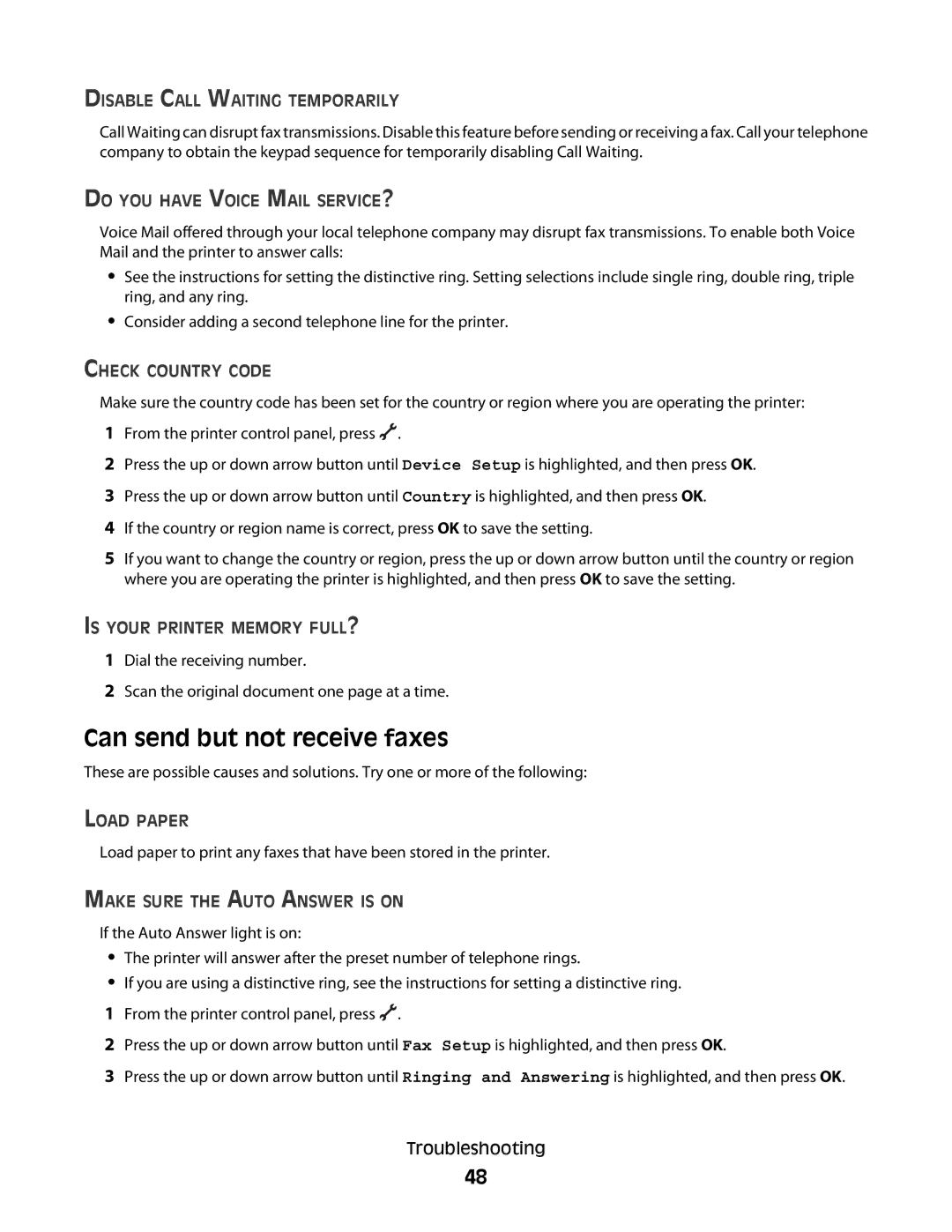 Lexmark 7600 Series manual Can send but not receive faxes 