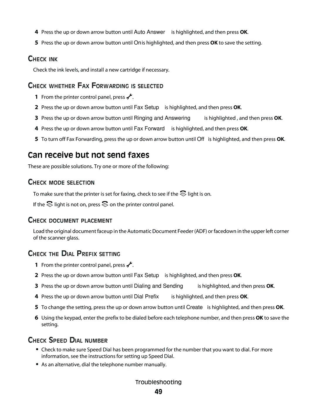 Lexmark 7600 Series manual Can receive but not send faxes 