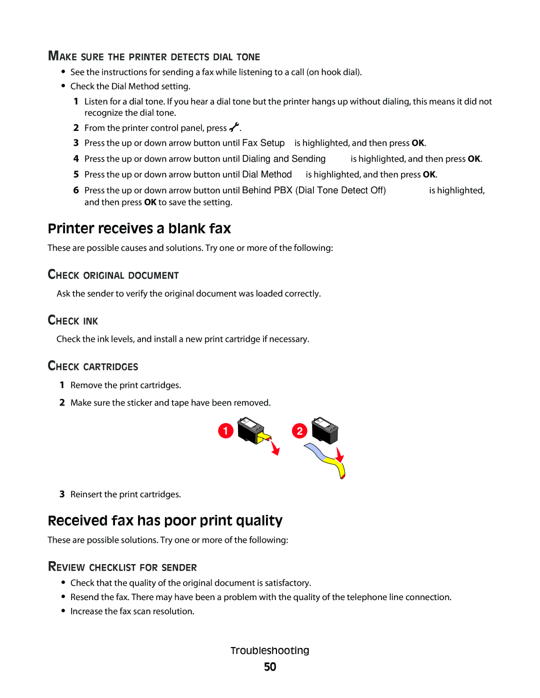 Lexmark 7600 Series manual Printer receives a blank fax, Received fax has poor print quality 