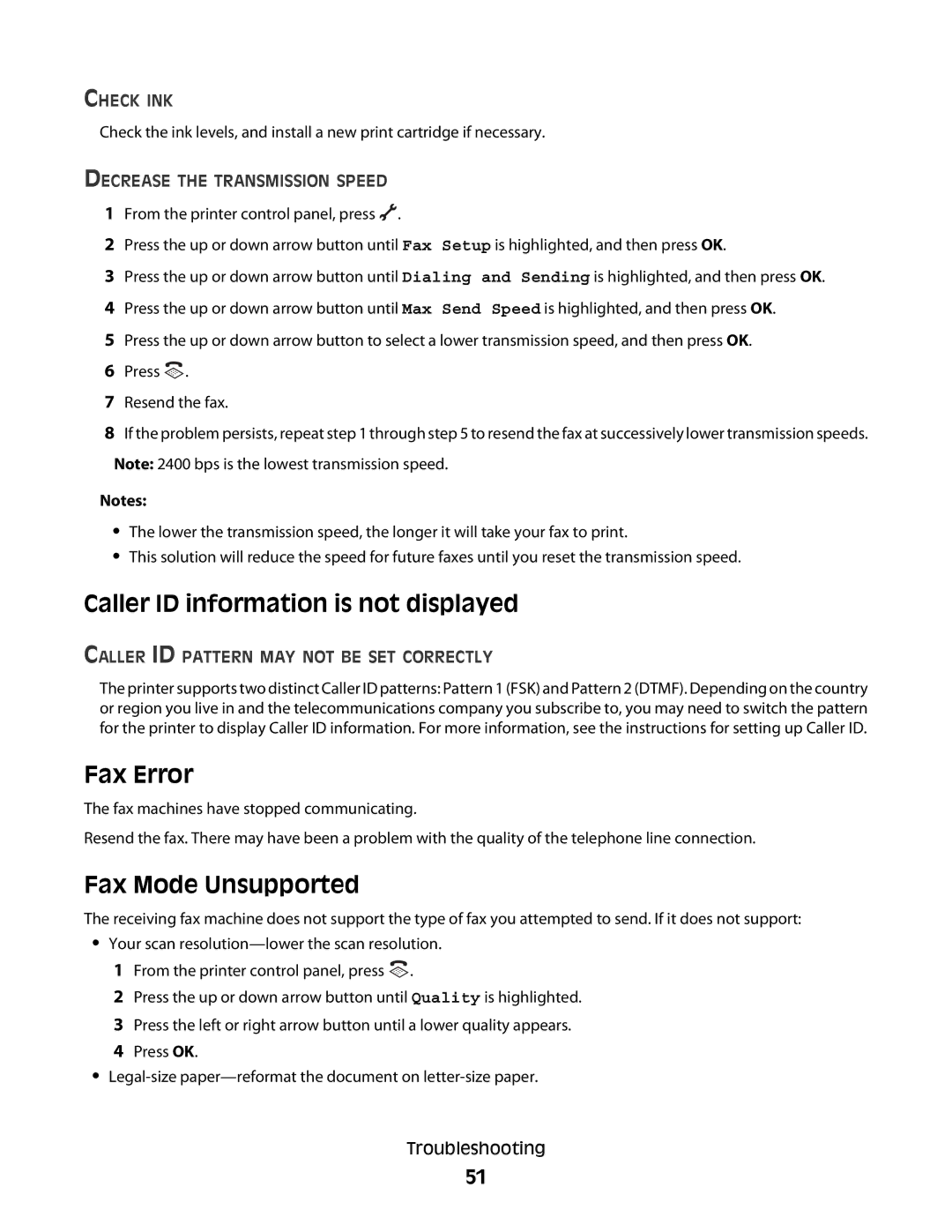 Lexmark 7600 Series manual Caller ID information is not displayed, Fax Error, Fax Mode Unsupported 