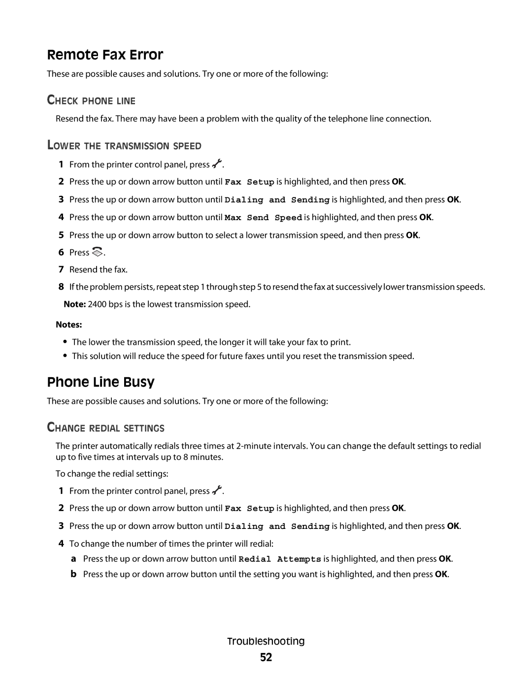 Lexmark 7600 Series manual Remote Fax Error, Phone Line Busy, Check Phone Line, Lower the Transmission Speed 