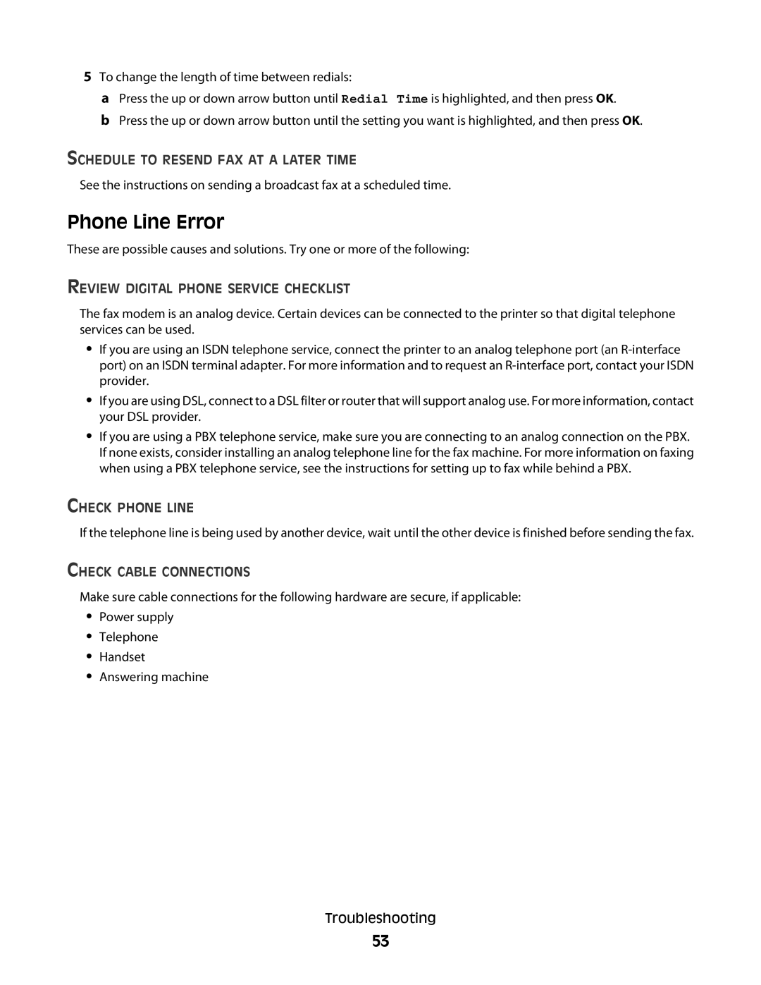 Lexmark 7600 Series manual Phone Line Error, Schedule to Resend FAX AT a Later Time 