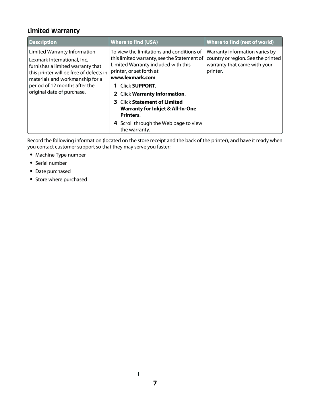 Lexmark 7600 Series manual Limited Warranty, Where to find USA 