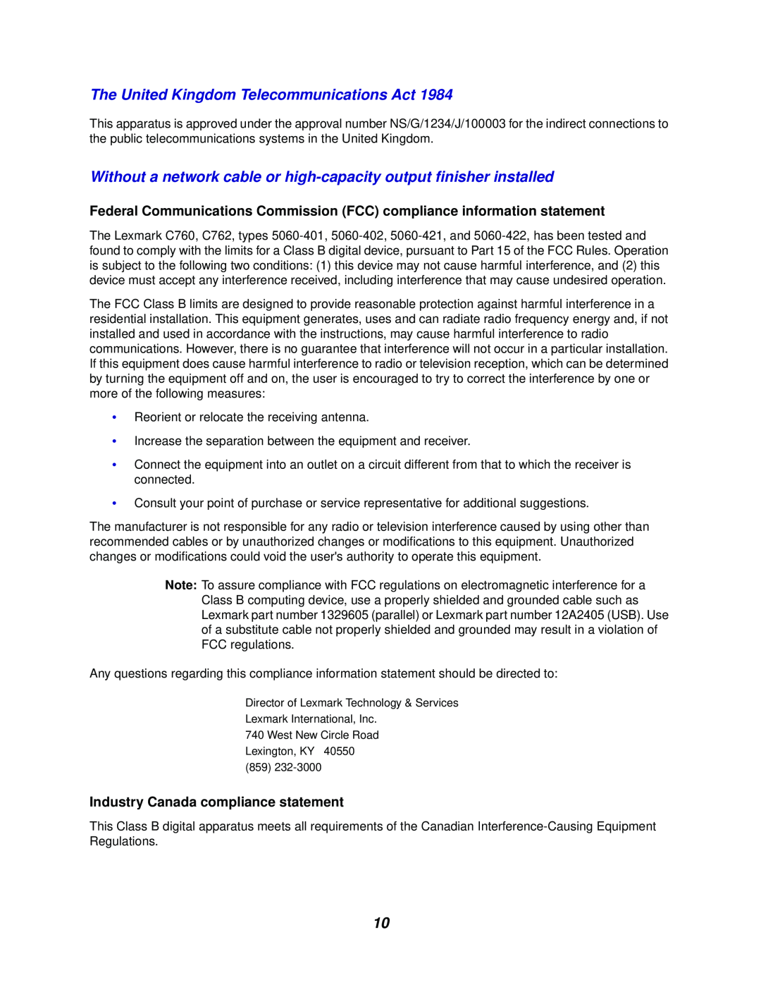 Lexmark 762 manual The United Kingdom Telecommunications Act, Industry Canada compliance statement 