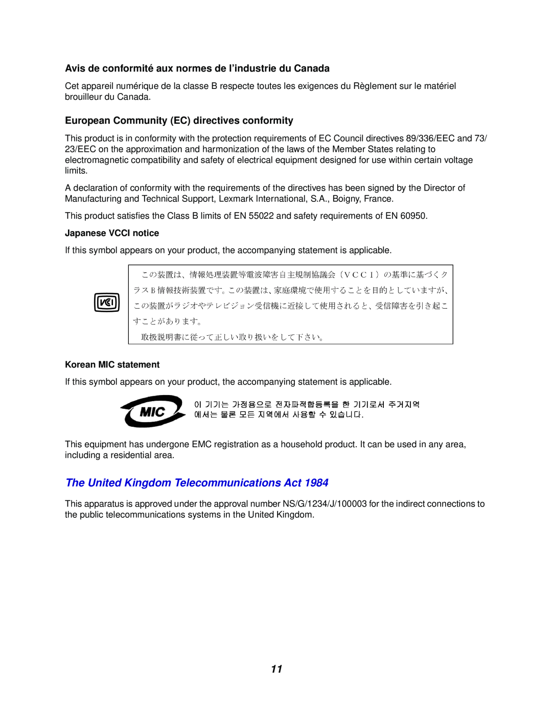 Lexmark 762 manual The United Kingdom Telecommunications Act, Japanese VCCI notice, Korean MIC statement 