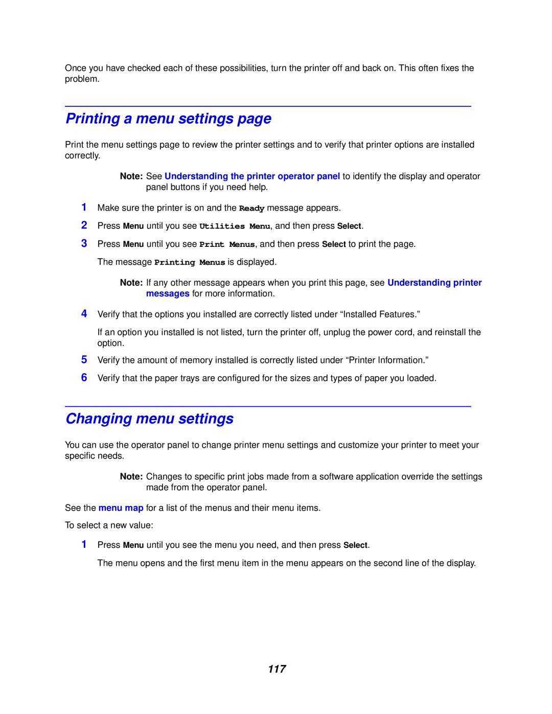 Lexmark 762 manual Printing a menu settings page, Changing menu settings 