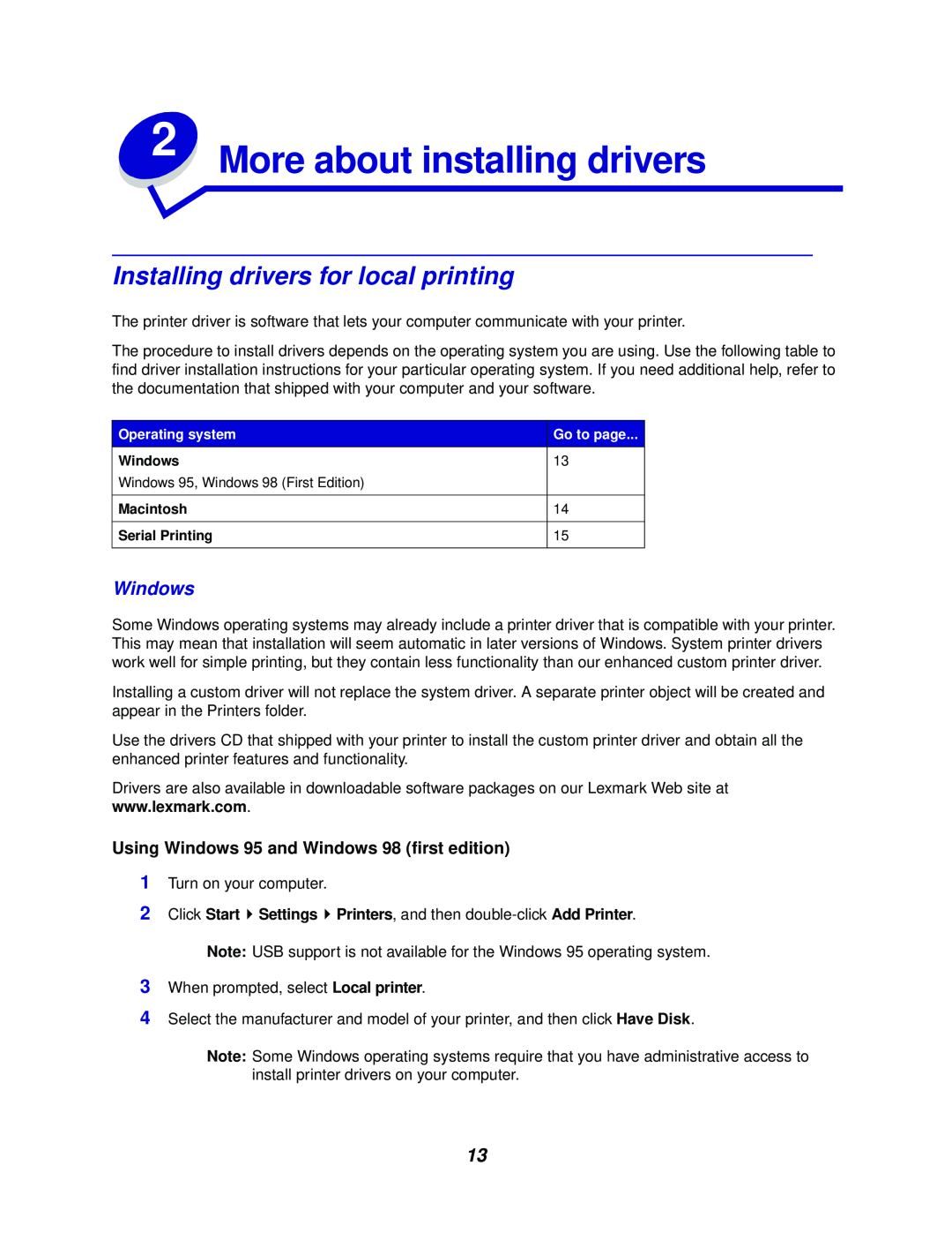 Lexmark 762 manual Installing drivers for local printing, Windows, More about installing drivers 