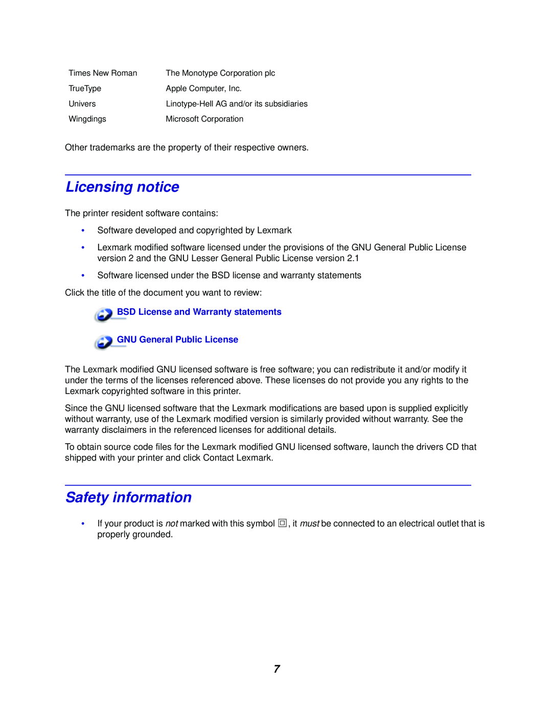 Lexmark 762 manual Licensing notice, Safety information, BSD License and Warranty statements, GNU General Public License 