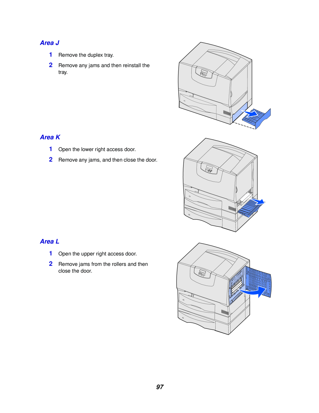 Lexmark 762 manual Area J, Area K, Area L, 1Remove the duplex tray, 2Remove any jams and then reinstall the tray 